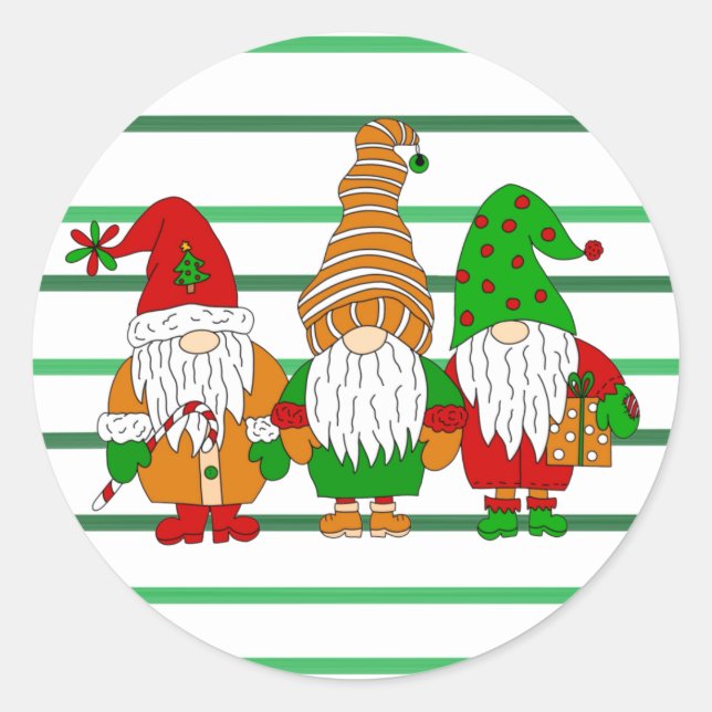 Three cute Christmas Gnomes Festive Holiday Classic Round Sticker (Front)