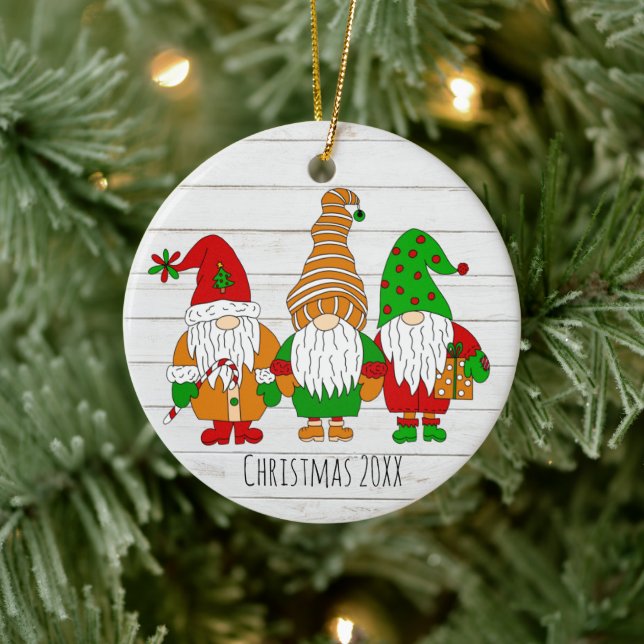 Three Cute Christmas Gnomes Personalized Holiday   Ceramic Ornament (Tree)