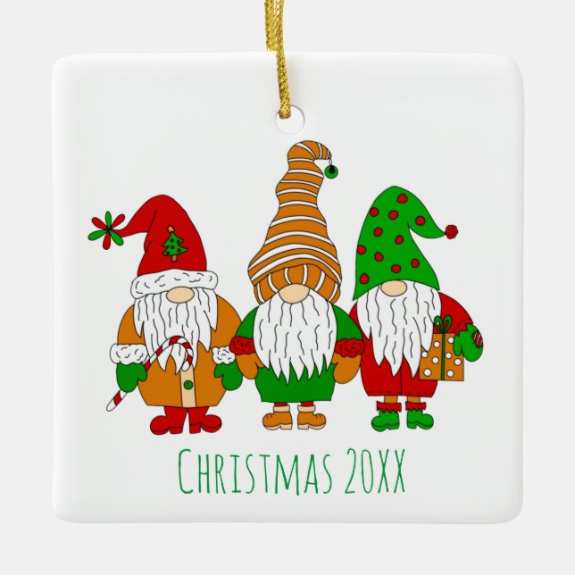 Three Cute Christmas Gnomes Personalized Holiday   Ceramic Ornament (Front)