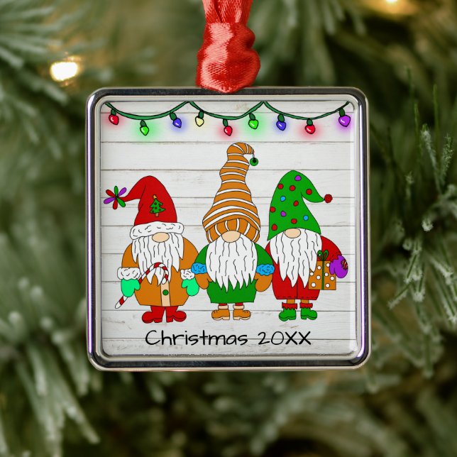 Three Cute Christmas Gnomes Personalized Holiday  Metal Ornament (Tree)