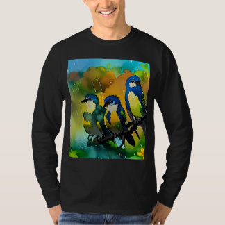 Three Cute Colorful Birds In Rain Watercolor Art L T-Shirt