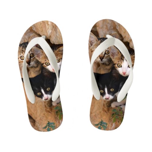 Three Cute Curious Cat Kittens Faces Funny Photo  Kids Flip Flops