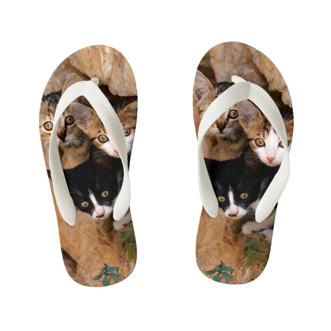 Three Cute Curious Cat Kittens Faces Funny Photo * Kid's Flip Flops (Footbed)
