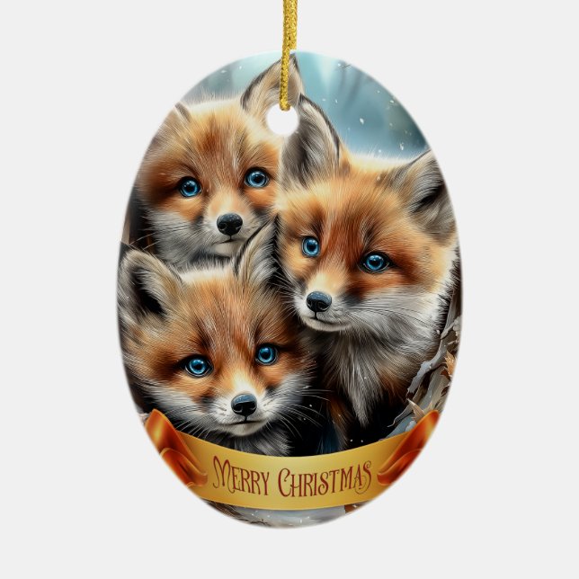 Three Cute Fox Cubs in Forest Ceramic Ornament (Front)