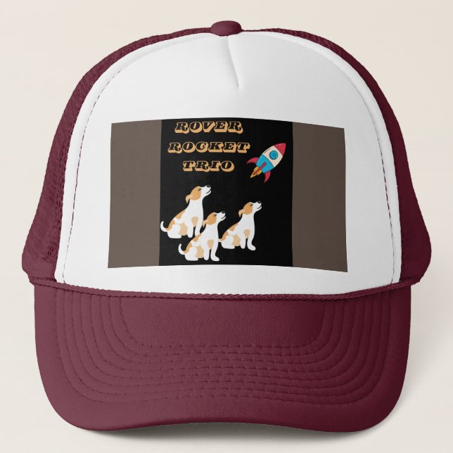 Three Cute funny Dogs Looking At Rocket Trucker Hat (Front)
