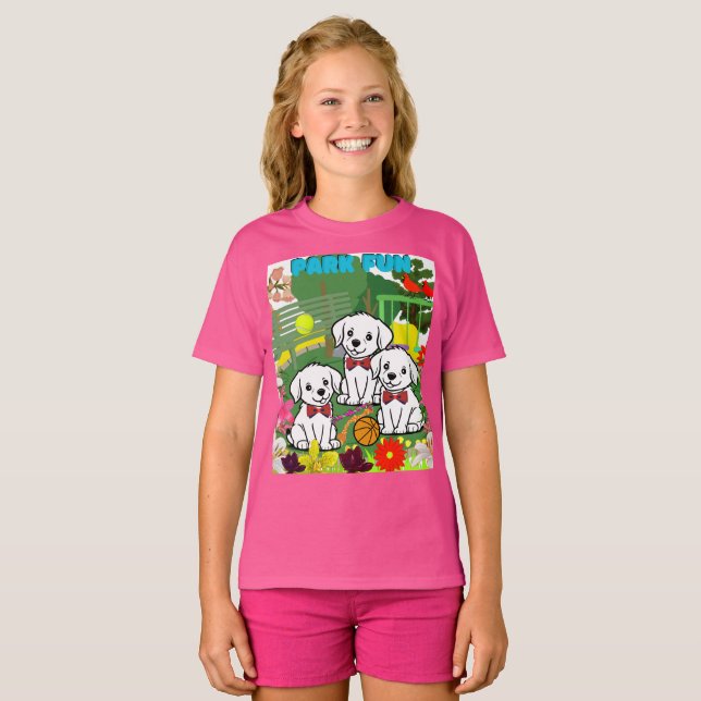 Three Cute Funny White Puppies In Park T-Shirt (Front Full)
