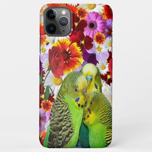 three cute green budgies with cloroful flower iPhone 11Pro max case