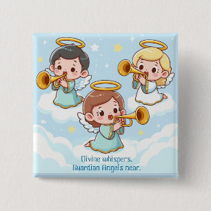 Three cute guardian angels playing trumpets button