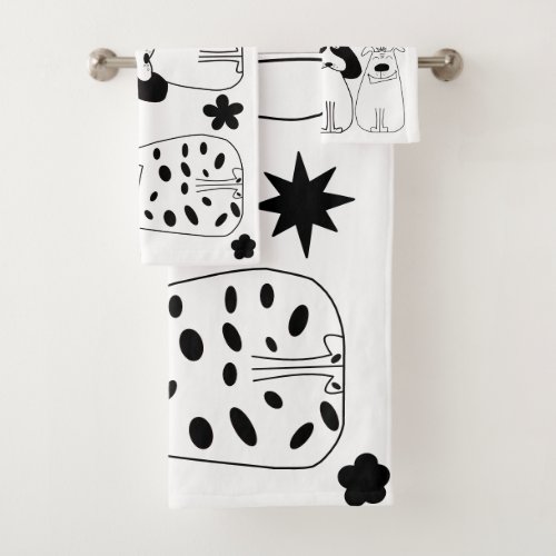Three cute hand drawn dogs in black and white bath towel set