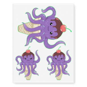 Three Cute kawaii ice cream purple octopus Temporary Tattoos