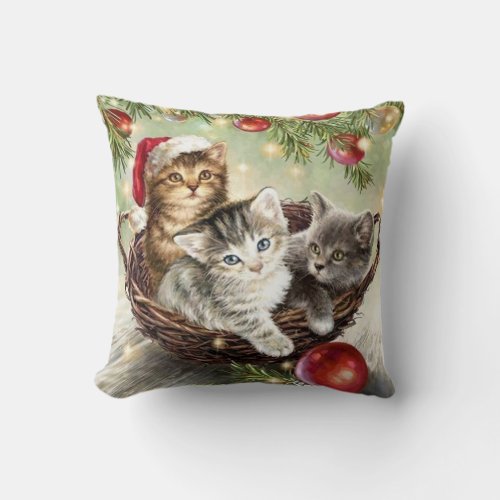 Three Cute Kittens in Basket Christmas Tree Throw Pillow