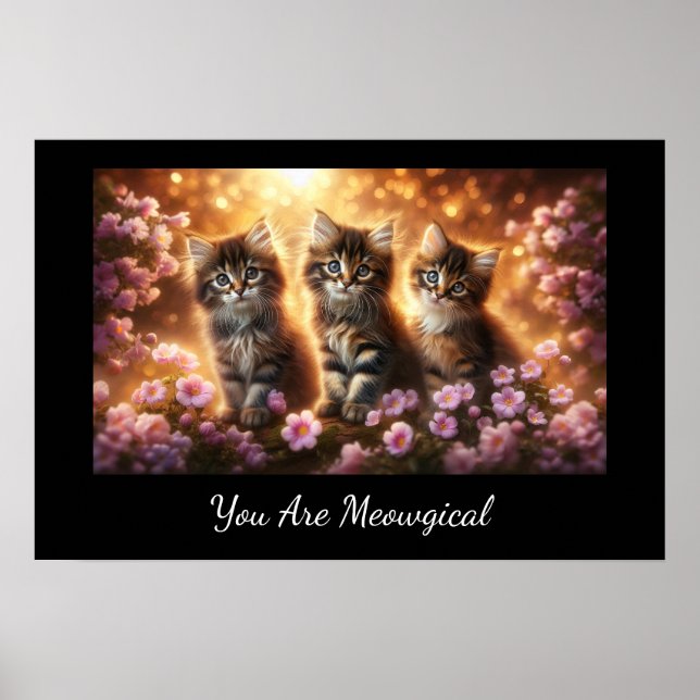 Three Cute Kittens with Pink Flowers  Poster (Front)