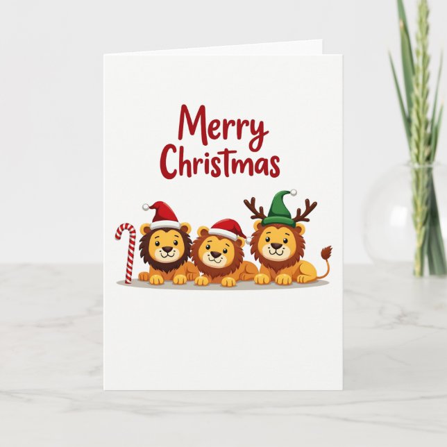 Three Cute Lion Cubs Christmas Card with Reindeer (Front)
