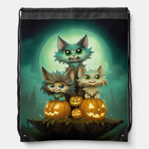 Three cute little wolf cubs are celebrating Hallow Drawstring Bag