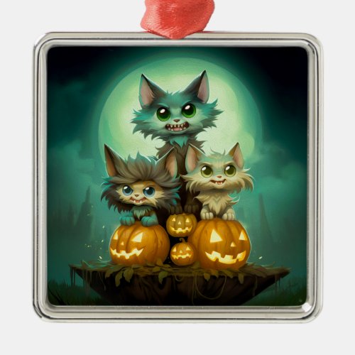 Three cute little wolf cubs are celebrating Hallow Metal Ornament