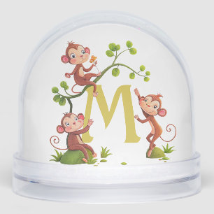 Three Cute Lucky Monkeys and Monogram Snow Globe