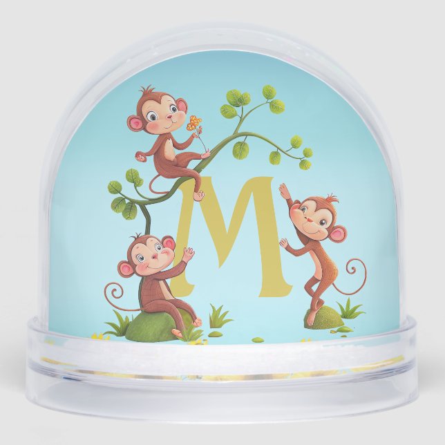 Three Cute Lucky Monkeys and Monogram Snow Globe (Front)
