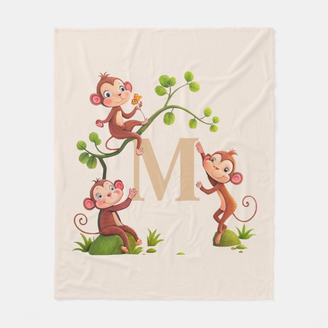 Three Cute Monkeys and Golden Monogram on Ivory Fleece Blanket (Front)