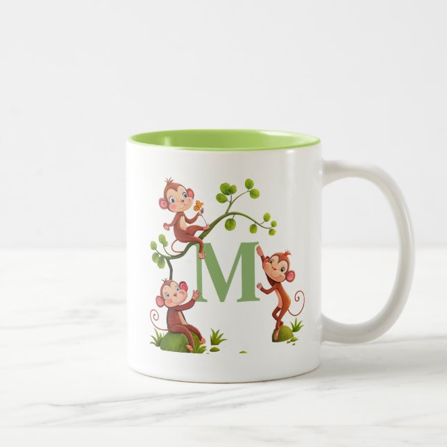 Three Cute Monkeys and Green Monogram Mug (Right)