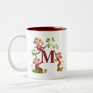 Three Cute Monkeys and Maroon Monogram Mug