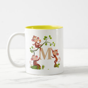 Three Cute Monkeys and Monogram Mug