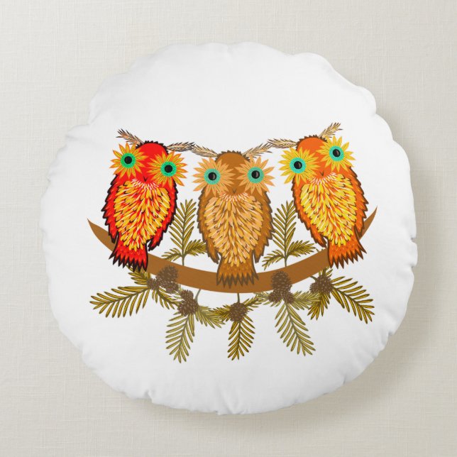 Three cute owls round pillow (Front)