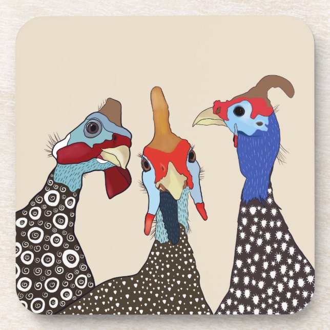 Three Cute Patterned Guinea Fowl Birds Beverage Coaster (Front)