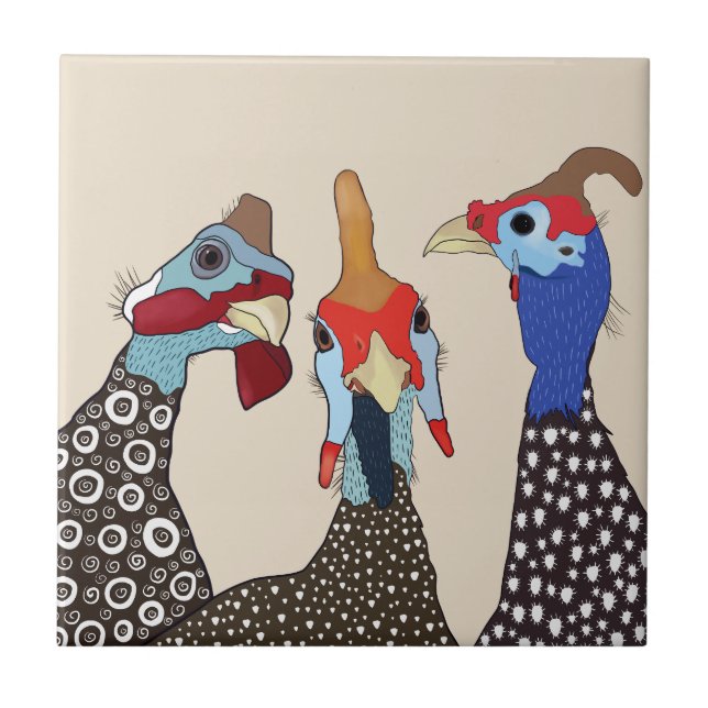 Three Cute Patterned Guinea Fowl Birds Ceramic Tile (Front)