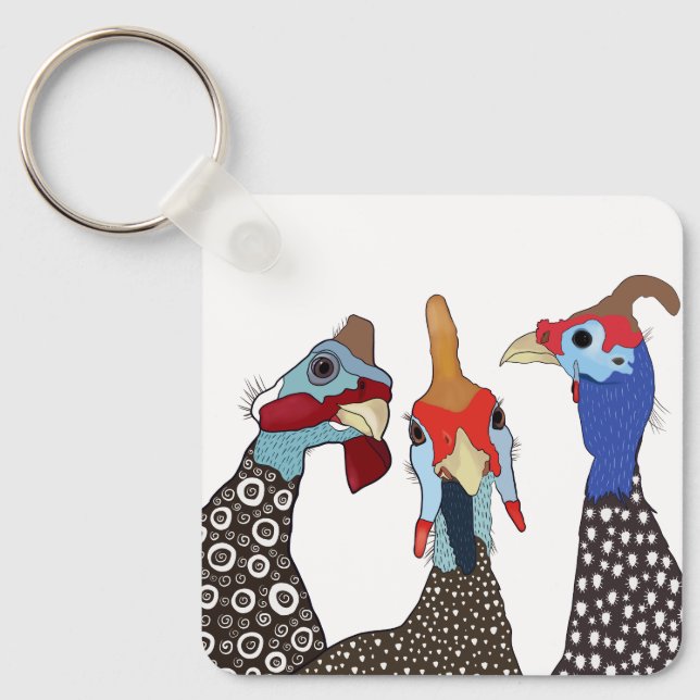 Three Cute Patterned Guinea Fowl Birds Keychain (Front)