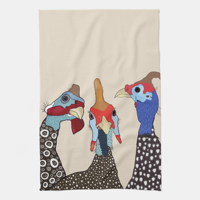 Three Cute Patterned Guinea Fowl Birds Kitchen Towel (Vertical)