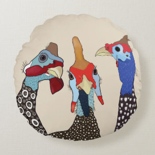 Three Cute Patterned Guinea Fowl Birds Round Pillow