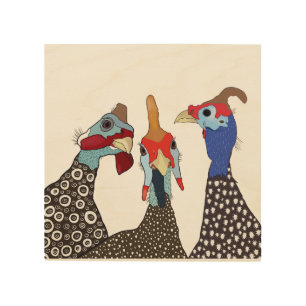 Three Cute Patterned Guinea Fowl Birds Wood Wall Art