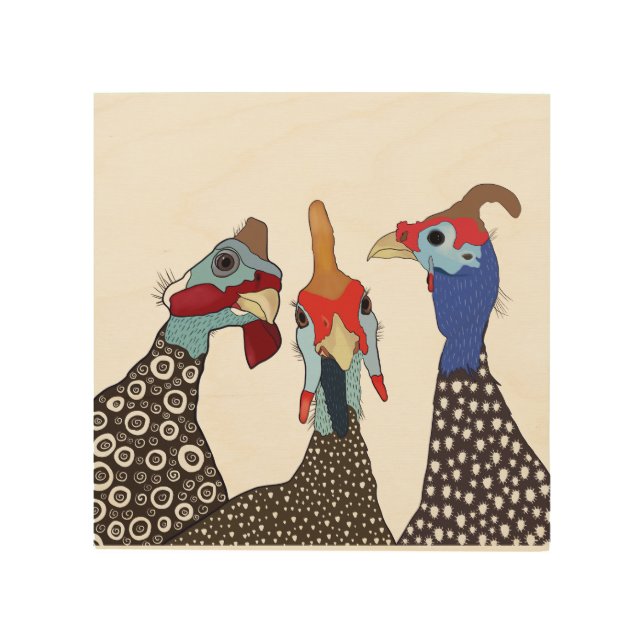 Three Cute Patterned Guinea Fowl Birds Wood Wall Art (Front)
