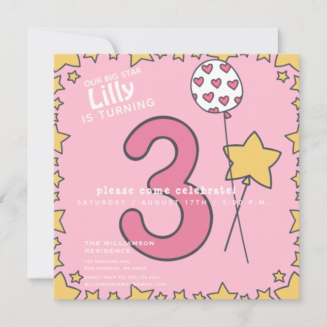 Three - Cute Pink & Yellow Kids 3rd Birthday Invitation (Front)