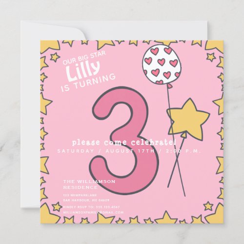 Three _ Cute Pink  Yellow Kids 3rd Birthday Invitation