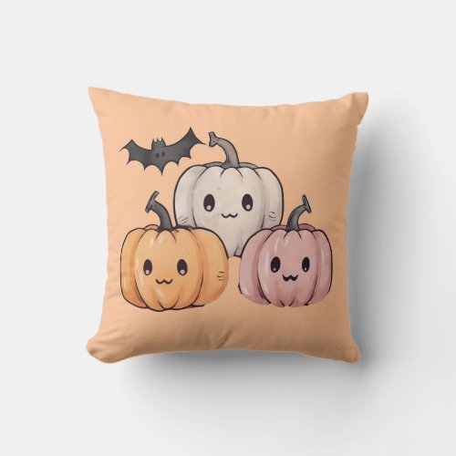 Three Cute Pumpkins Light Orange Halloween Throw Pillow