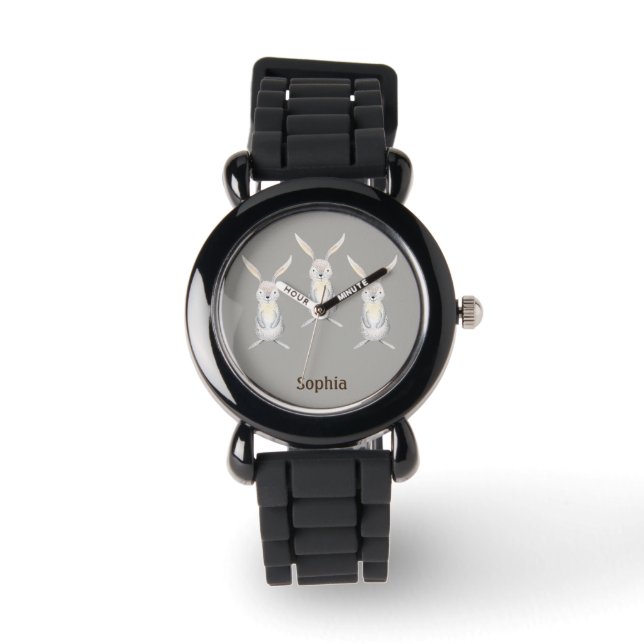 Three Cute Rabbits on Silver Personalized Watch (Front)