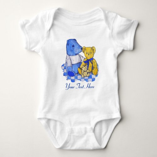 three cute teddies on picnic cloth original art baby bodysuit