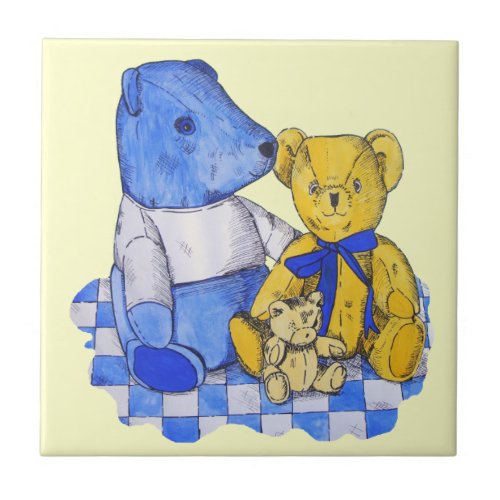 three cute teddies on picnic cloth original art ceramic tile