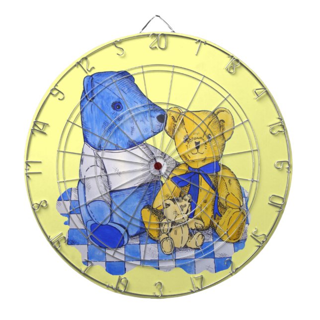 three cute teddies on picnic cloth original art dartboard (Front)