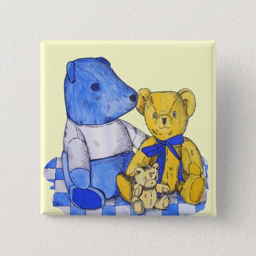 three cute teddies on picnic cloth original art pinback button