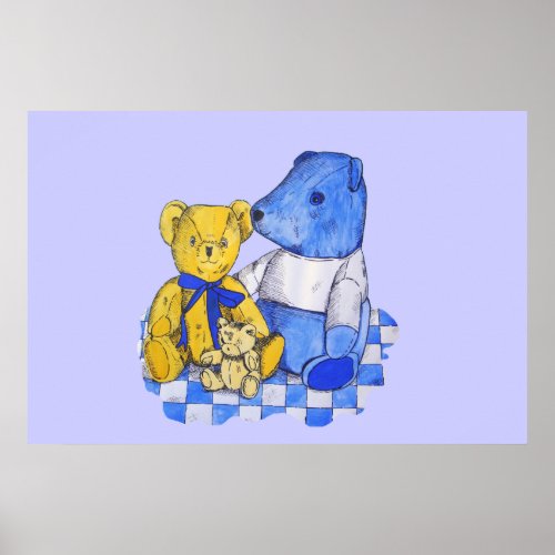 three cute teddies on picnic cloth original art poster