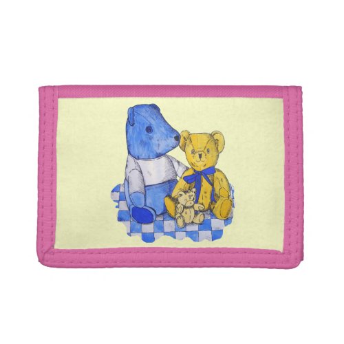 three cute teddies on picnic cloth original art tri_fold wallet