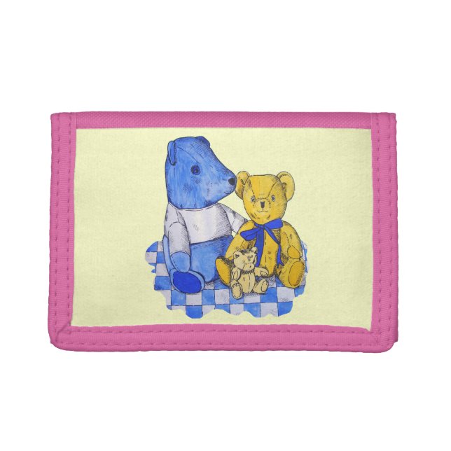 three cute teddies on picnic cloth original art tri-fold wallet (Front)