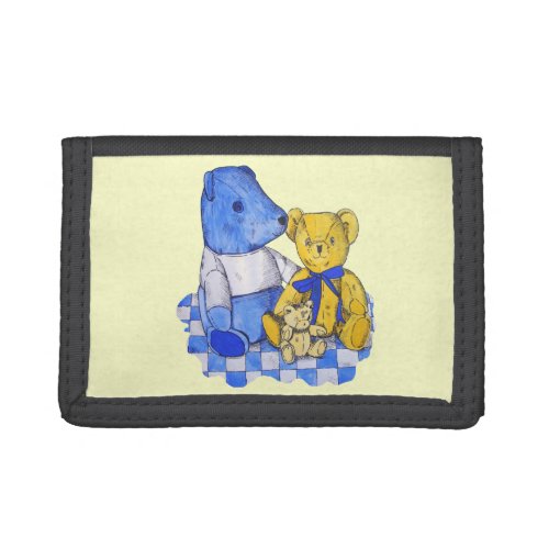 three cute teddies on picnic cloth original art tri_fold wallet