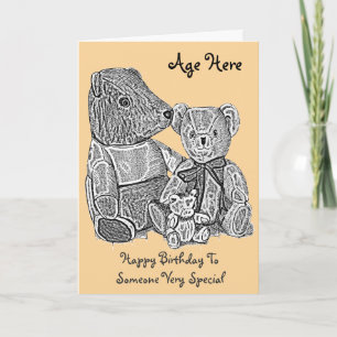 Three cute teddy bears black and white age card