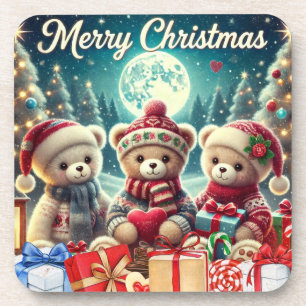 Three Cute Teddy Bears Merry Christmas Beverage Coaster