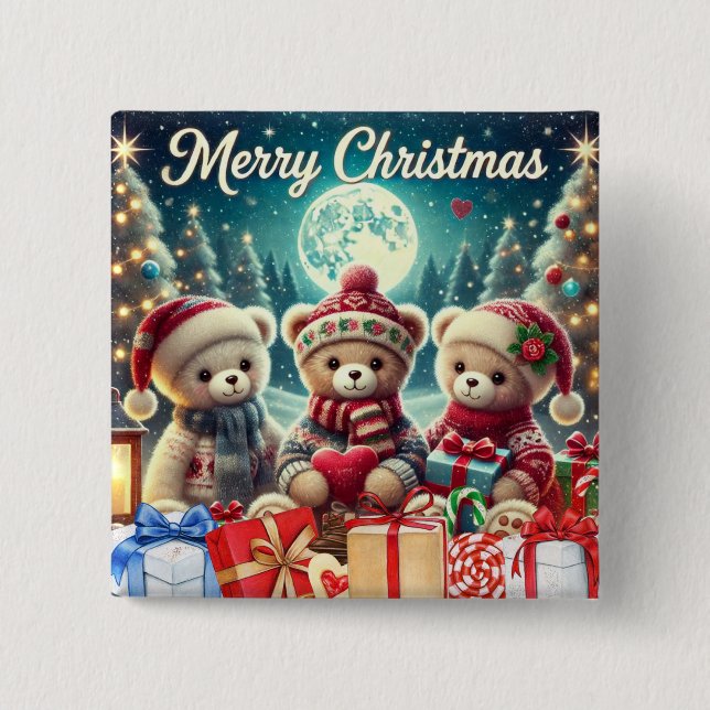 Three Cute Teddy Bears Merry Christmas Button (Front)