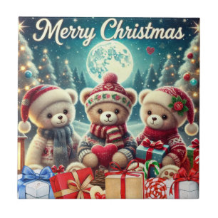 Three Cute Teddy Bears Merry Christmas Ceramic Tile