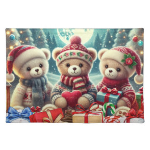 Three Cute Teddy Bears Merry Christmas Cloth Placemat